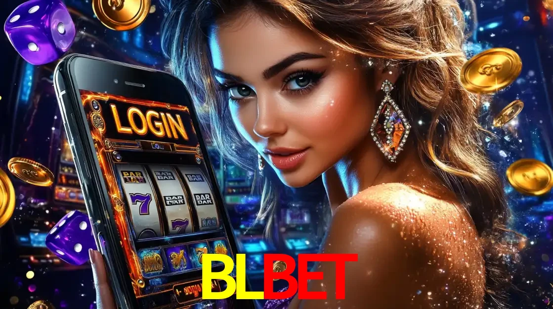 Mulher glamorosa segurando um smartphone com a tela de login para os jogos de caça-níqueis do cassino online BLBET, com moedas de ouro e dados ao redor.