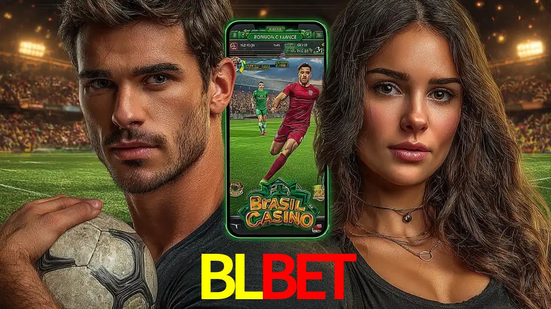 Homem segurando uma bola de futebol e uma mulher ao lado de um smartphone exibindo o jogo de apostas esportivas da BLBET. Faça seu palpite no cassino online.